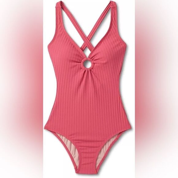 NWT- Kona Sol-Ribbed Ring Medium Coverage One Piece Swimsuit- pink - Size large - Picture 1 of 12